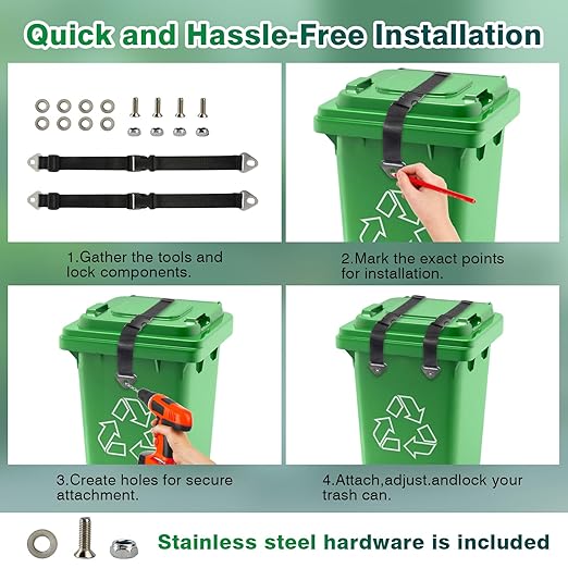 Trash Can Lock Straps 2 PCS, Adjustable Sturdy Outdoor Garbage Can Lid Lock Bungee Cords, Universal Waste Bin Security Straps for Dogs, Raccoons, Squirrels & Outdoor Critters