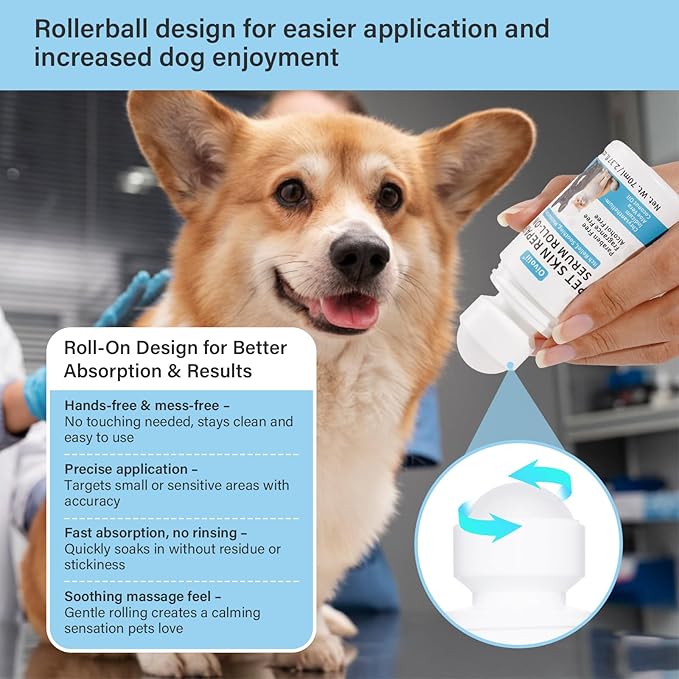 Dog Skin Repair Roll-On Serum – Natural Hot Spot & Red Spot Relief with Coconut Oil – Soothes Itchy, Dry & Irritated Skin, Supports Fur Regrowth – Lick-Safe, No-Rinse Pet Skin Care for Dogs & Cats