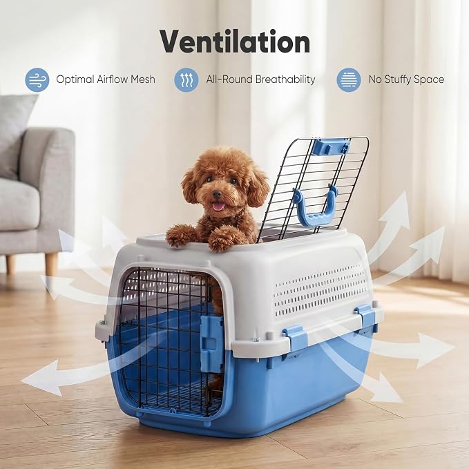 DUMOS 23" Hard-Sided Pet Carrier for Small Pets, 2 Door Cat Carrier - Blue | Airline Approved Dog Crate, Enhanced Security Latches, Front & Top Load Wire Door, Food Bowl for Traveling, Hiking, Camping