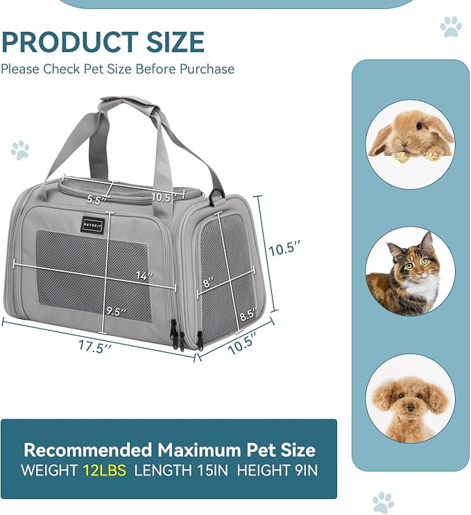 PETSFIT Cat Carrier, Grey, Small and Medium Cats Under 12 Lbs | Airline Approved, Soft Carrier, Soft Cat Travel Bag, Kitten Carrier with Extendable Mat