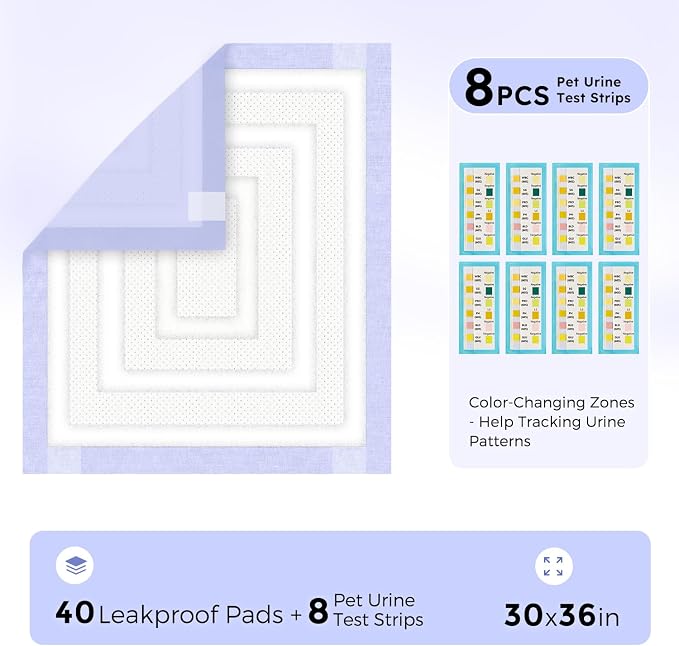 ZOMISIA 3D-Barrier Puppy Pee Pads for Dogs, 18 Cups Absorb & Rise Puffy Gel-Wall Leak-Proof, 30"x36" 40 Counts + 8 Pet Urine Test Strips, Super Absorbent Disposable Potty Training Pads