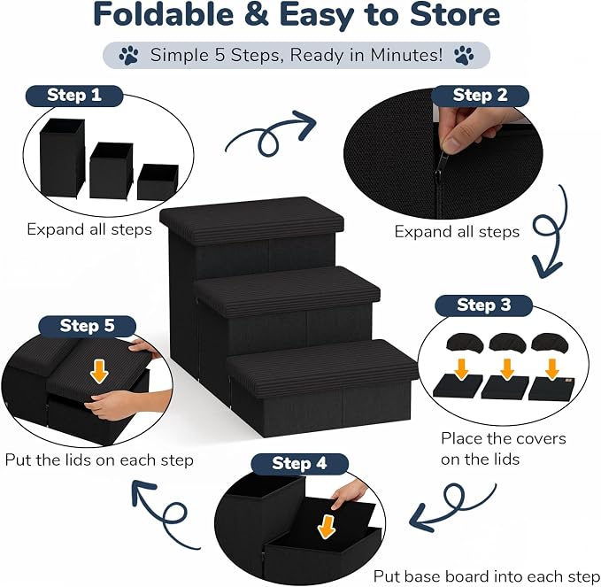 3-Step Wide Dog Stairs 18" H with Removable Cover, Non-Slip Storage Pet Steps for High Bed Couch, Pet Stairs for Small/Medium/Large Old Dogs Puppy Up to 200lbs, Cat Dog Steps for Car, Black