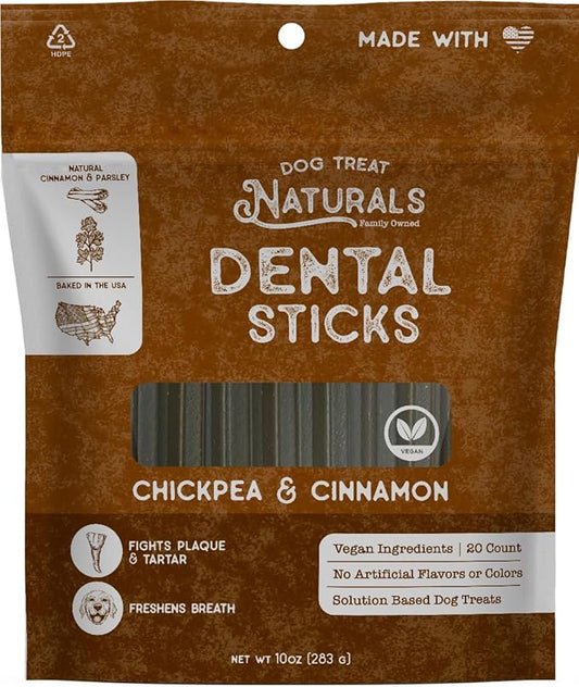 Dog Treat Naturals Chickpea & Cinnamon Dental Sticks 10oz, 20ct | Dog Dental Chew Treats for Small, Medium, Large Dogs | Freshen Breath, Fight Plaque-Tartar | Natural Teeth Cleaning Treats | USA Made