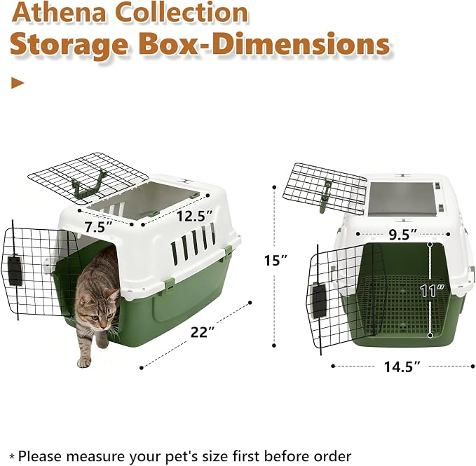 Athena Collection 22" Hard-Sided Travel Pet Carrier for Small Dogs and Cats | Plastic Dog Crate with 2-Door Top & Front Load, Ventilation, Security Lock, Cat Dog Carrier for Pet, up to 22lbs, Green