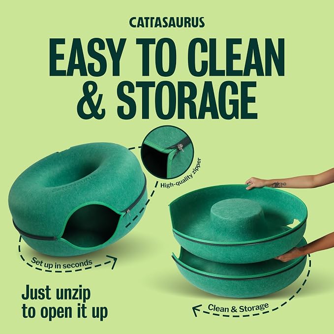 Peekaboo Cat Cave Donut for Multiple & Large Cats up to 30-45 lbs, 3-in-1 Self Warming Cat Bed, Tunnel & Scratcher for Indoor Cats, Washable & Detachable Dog Bed (Forest Green, Large)