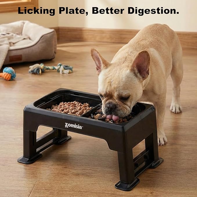 ZOMISIA Elevated Dog Bowls, 6 Height Adjustable Raised Dog Bowl Mess Proof | 3-in-1 Dog Bowl Stand, Double Deck Design, 2 Stainless Steel Bowls, Licking Plate, Feeding Station for Small Medium Large Pet