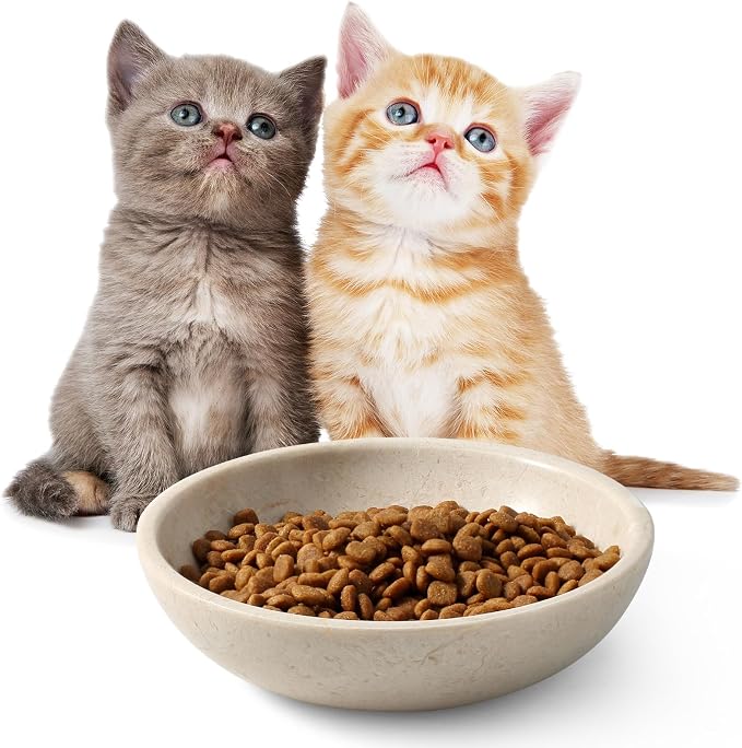 Karibiber Natural Marble Cat Bowl, Weighted 1.5lb Cat Food Bowl for Cat and Small Dog, Small Animal Pet Food Dish Non-Slip, Shallow Dish for Whisker Fatigue Relief, Premium Beige Stone for Home Decor