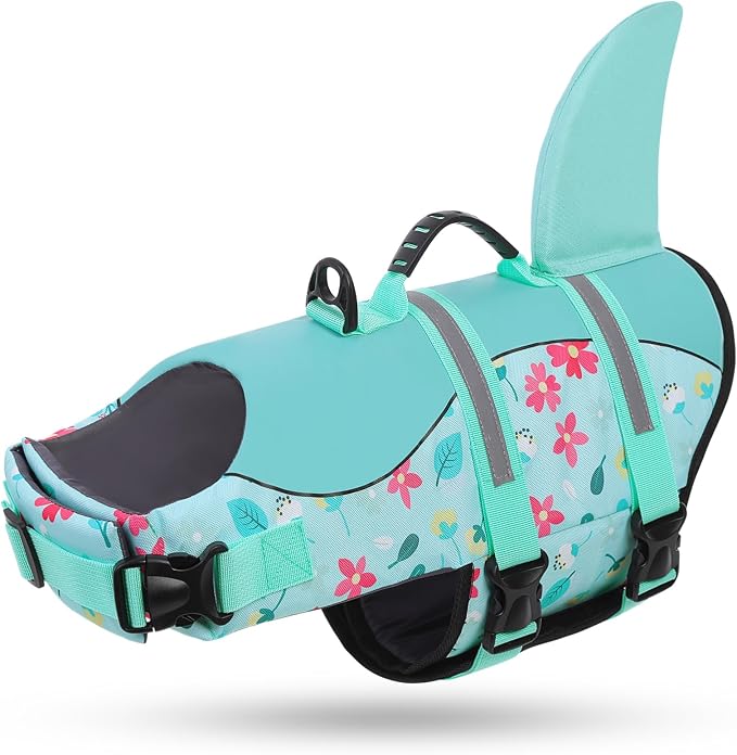Dog Life Jacket, Dog Life Vest for Swimming, Medium Dogs Shark Safety Vest Adjustable Preserver with High Buoyancy, Pet Lifesaver for Medium Dogs, Blue Flower M