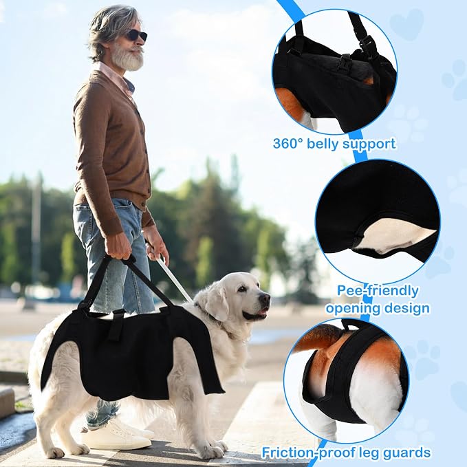 Shinylin Dog Carry Sling Emergency Backpack Pet Legs Support and Rehabilitation Dog Lift Harness Adjustable Lifting Straps Carrier for Senior Dogs Joint Injuries, Arthritis, Hiking, Skiing, Black(XL)