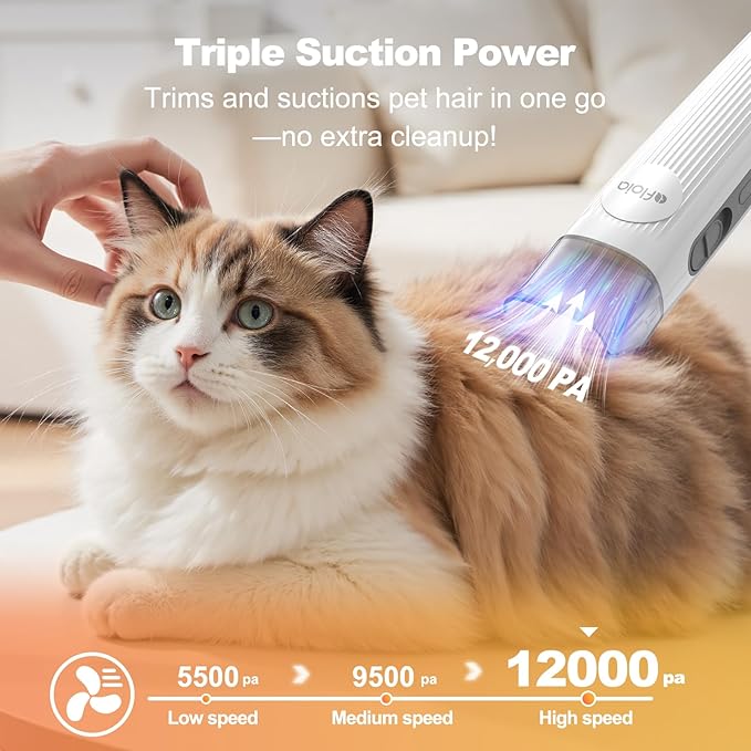 Afloia 6-in-1 Dog Grooming Vacuum Kit, Pet Clipper & Nail Grinder, White | All-in-one grooming covers brushing, clipping, trimming and nail care, 1.5L dust cup, 3 suction levels, low-noise comfort