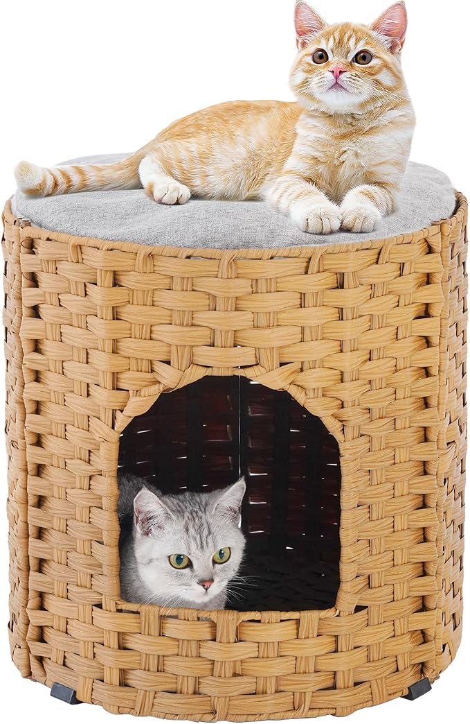 SETVSON Cat House for Indoor Cat, Large Double Cat Houses Bed, Natural | Handwoven PE Rattan Cave with One Soft Pad, 17 x 17 x 17 In Foldable Kitten Hideaway, Double-Level Play & Nap Spot