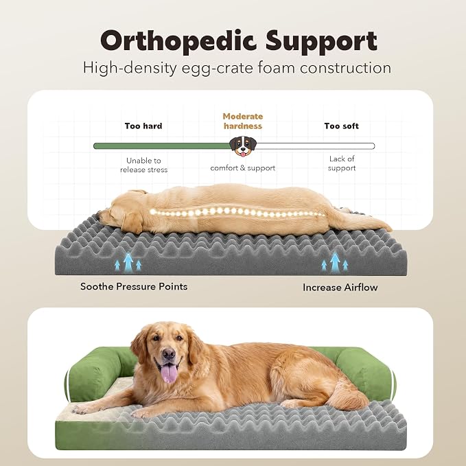 Orthopedic Washable Dog Bed with Bolster for Medium to Large Dogs | Pillow Support for Neck Relief, Egg Crate Foam, Waterproof Liner, Anti-Slip Bottom, Removable Bolster Cover, 36 x 27 Inch