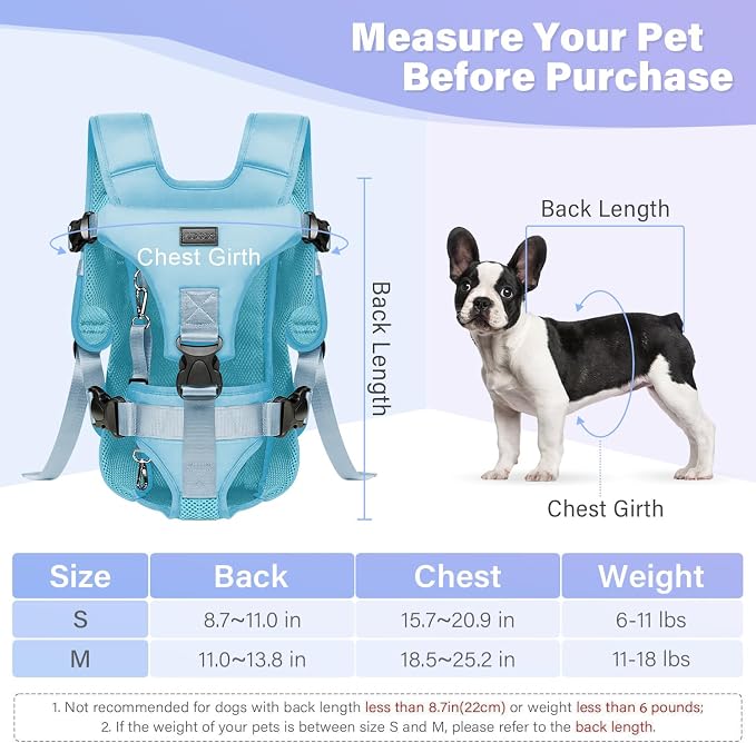 YUDODO Front Pet Carrier Backpack for Small Dog, Legs Out Dog Chest Carrier | Safety Belt, Ergonomic Support, Hands Free, Durable & Comfortable, For Walking Hiking Cycling, Blue, M