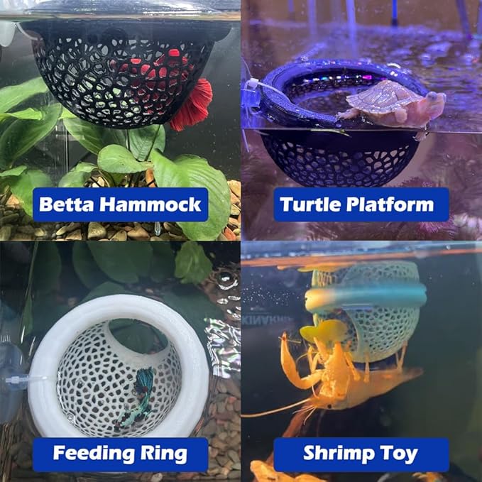 Floating Betta Hammock with Suction Cup, Shrimp Cave, Betta Fish Feeding Rings,3D Printed Aquarium Decor (Black, Large)