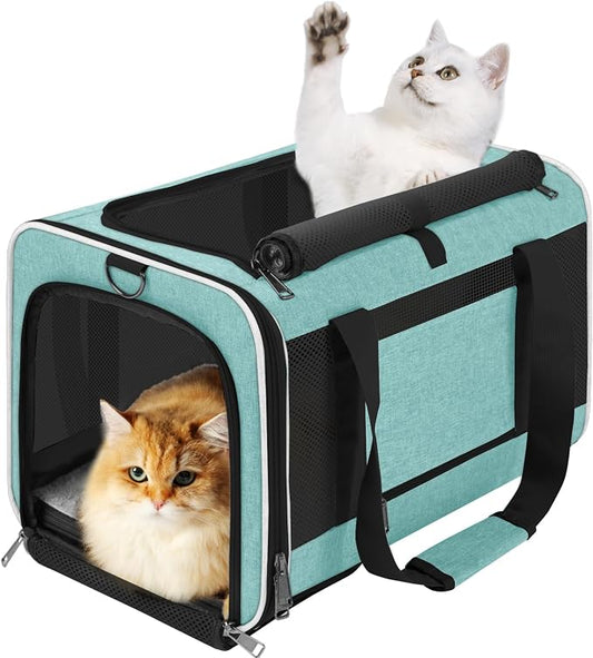 GAPZER Large Cat Carrier Soft, Collapsible Travel Pet Carry Bag, Small Dogs | Big Kitten Cat 20lbs Mainecoon, Top Open Travel Shih-Tzu Pet Kennel, Yorkie Small Dog 10 Pounds, 18x12x12, Durable Cloth Teal