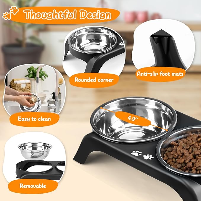 Elevated Dog Bowls for Small Dogs, 3” High Raised Dog Bowl Stand with Dual 5” Stainless Steel Bowls Non-Slip Pet Feeder for Puppy and Cats, Dishwasher Safe, Black