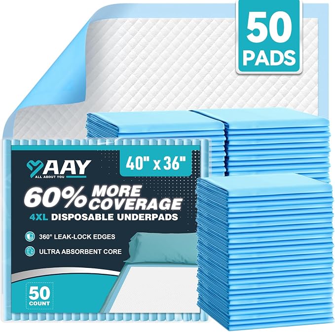AAY 50 Count Extra Large Disposable Underpads for Incontinence, 40"x36" | Super Absorbent Leak-Proof Bed Pads for Adults, Elderly, Kids, Pee Pads, Chucks Pads, Furniture & Surface Protection Pad