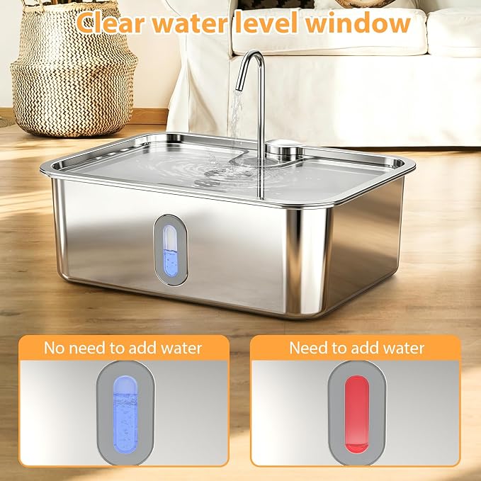 15L/4Gal Stainless Steel Dog Water Fountion Pet Fountain,1Set Filter | Ultra Quiet,Extra Large Capacity,5 Layer Filtration System,Water Level Window & LED Light, ,Visible Faucet Style Spout