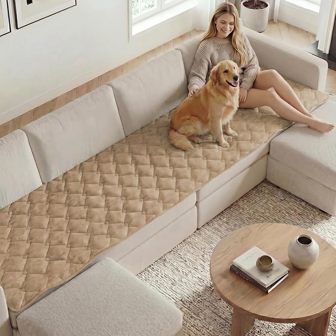 H.VERSAILTEX Chenille Couch Cover for Dogs Washable Soft Fuzzy Extra Large Sofa Slipcovers Sectional Sofa Cover Thick Pet Couch Cover Protector Non-Slip Dog Bed Cover(Khaki, 28" x 134")