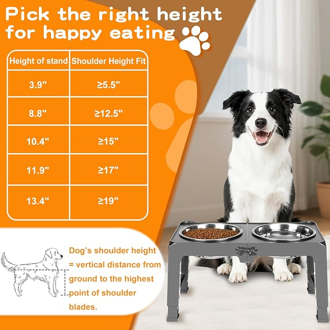 COMESOON Elevated Dog Bowls, 5 Adjustable Heights (3.9"-13.4") Raised Dogs Food Bowl Stand for Medium Large Sized Dogs, Non-Slip Foldable Travel Pet Feeder Grey with Stainless Steel Bowls