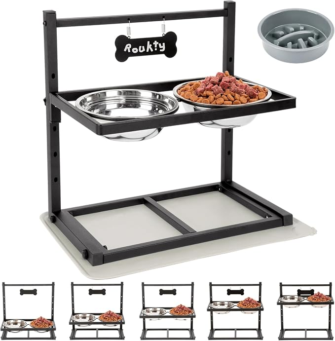 ADENGL Elevated Dog Bowls with Slow Feeder, 5 Adjustable Heights, Anti-Slip, Durable Metal Frame, Spill Proof Mat, Rust-Resistant Bowls, Easy to Clean