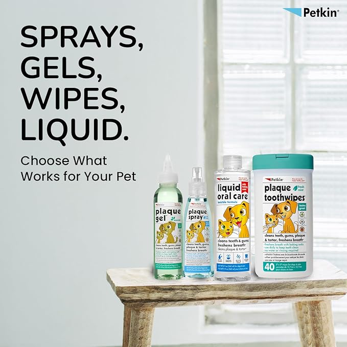 Petkin Plaque Remover Gel – Cleans Teeth and Gums, Removes Plaque and Tartar - Freshens Breath and Whitens Teeth with Baking Soda - Ideal for Daily Use, No Brushing or Rinsing - 4 fl oz