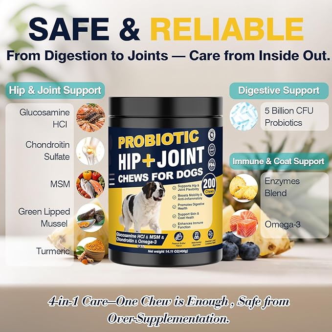 Hip and Joint Supplement for Dogs Dog Probiotics Glucosamine Chondroitin MSM Chew for Dog Arthritis Pain Relief Extend Joint Care, Probiotic for Digestive/Gut Health for Large/Small/Senior Breed Dogs