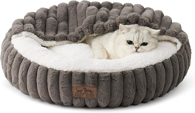 Cat Bed with Hooded Blanket, Round Fluffy Anti-Anxiety Pet Bed for Cats/Small Dogs, Cozy Donut Cuddler with Machine Washable Faux Fur & Anti-Slip Bottom(23"×23"×6",Grey)
