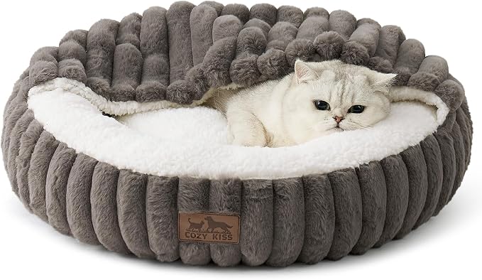 COZY KISS Hooded Blanket Cat Bed – 20"x20" Round Fluffy Donut Cuddler for Cats & Toy Dogs, Anti-Anxiety Faux Fur Pet Bed, Machine Washable with Non-Slip Bottom, Grey