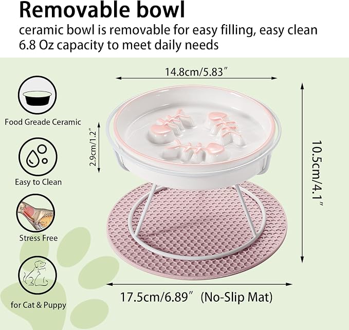 Raised Cat Dog Slow Feeder Bowl with Stand, Cat Slow Bowl for Wet Food and Dry Food, Stop Vomit and Choking, Slow Down Eating Speed, Ceramic Elevated Slow Cat Bowls, Whisker Friendly Pet Puzzle Feeder
