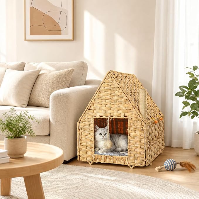 Handwoven Rattan Cat Bed for Indoor Kitten, Cat Cave Bed with Sisal Ball, Cushion & Cat Scratch Post, Foldable Hideaway Cat Hut in Bedroom Living Room, Natural