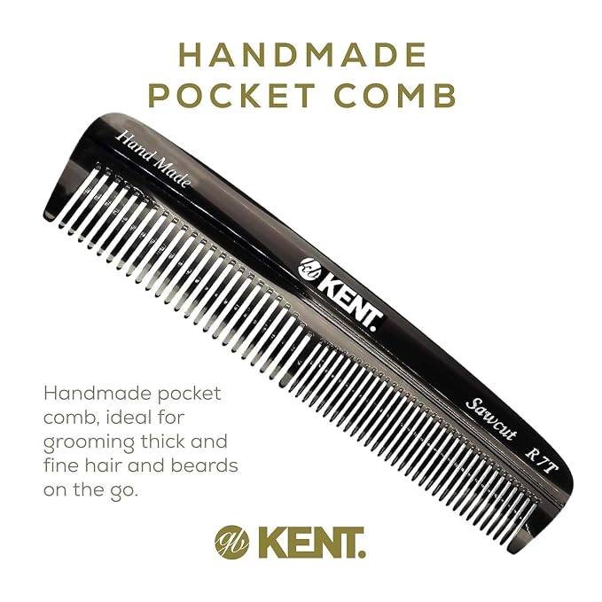 Kent R7T Black Graphite Double Tooth Hair Pocket Comb, Small Fine/Wide Tooth Comb For Grooming Styling Hair, Beard and Mustache, for Men, Women and Kids. Saw Cut and Hand Polished. Handmade in England