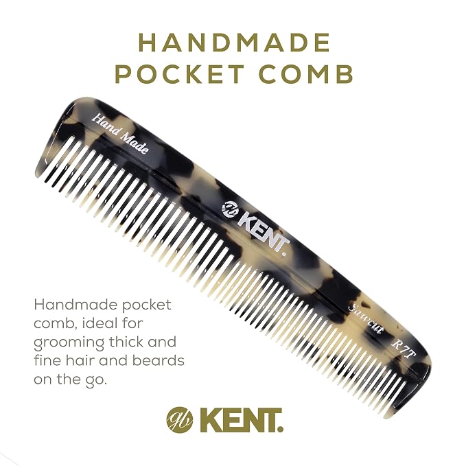 Kent R7T TW Fine and Wide Tooth Hair Comb, Handmade Pocket Comb for Men, Beard and Mustache Combs for Everyday Grooming and Styling, Sawcut Kent Combs, Made in England