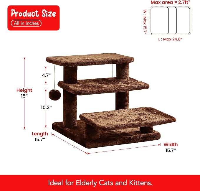15''H Multi-Step Pet Stairs for High Beds & Sofas, 3-Step Cat Stairs with 2 Toy Balls, Wide Boards for Indoor Kittens Dogs Pets Climbing, Brown