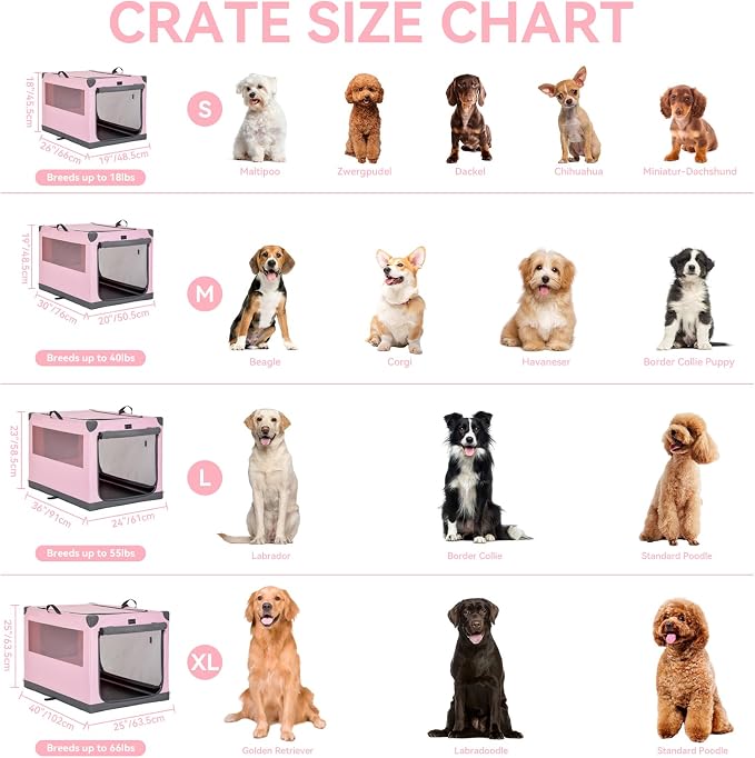 PETSFIT 26" Soft Portable Dog Crate – Patented Spiral Sturdy Frame, Collapsible Travel Kennel for Small Dogs, 3 Mesh Door, Lockable Zippers, Indoor & Car Use Pink