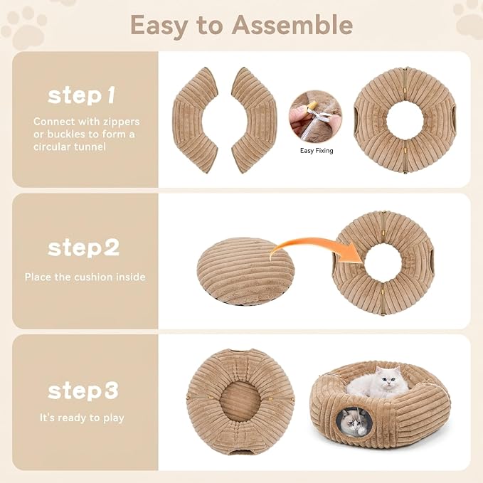 Dogpals Cat Tunnel Bed Cave 33" Lx10 Wx10 H for Indoor Cats(Khaki) | Washable Cozy Cushion, Soft Striped Plush Fabric, Hideaway Peekaboo Cave for Kittens, Puppies, Rabbits & Small Pets