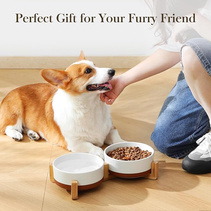 MALACASA Ceramic Dog Bowls Set with Wood Stand, 3.5 Cups Pet Bowls for Medium Dogs with Non-Slip Base, Large Puppies, Cats, Retrievers, ect.Pet Food & Water Basic Bowls Set, Weighted Glaze Matte.34 OZ