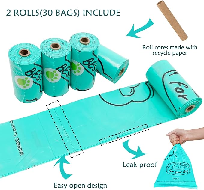 Dog Poop Pickup Bags Holder Dispenser with Standard-Sized Leak-Proof Scented Doggy Waste Bags and Carabiner with Safety Lock&Fastener Never Loose on Leash Lead Again (2 Holders 30 Bags, Beige)