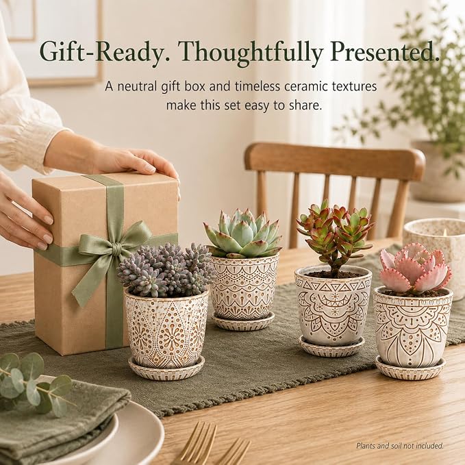 Gepege Succulent Pots, 4 Inch Small Indoor Ceramic Planter Pot with Drainage Holes and Saucers for Plants- Creamy White - Set of 4