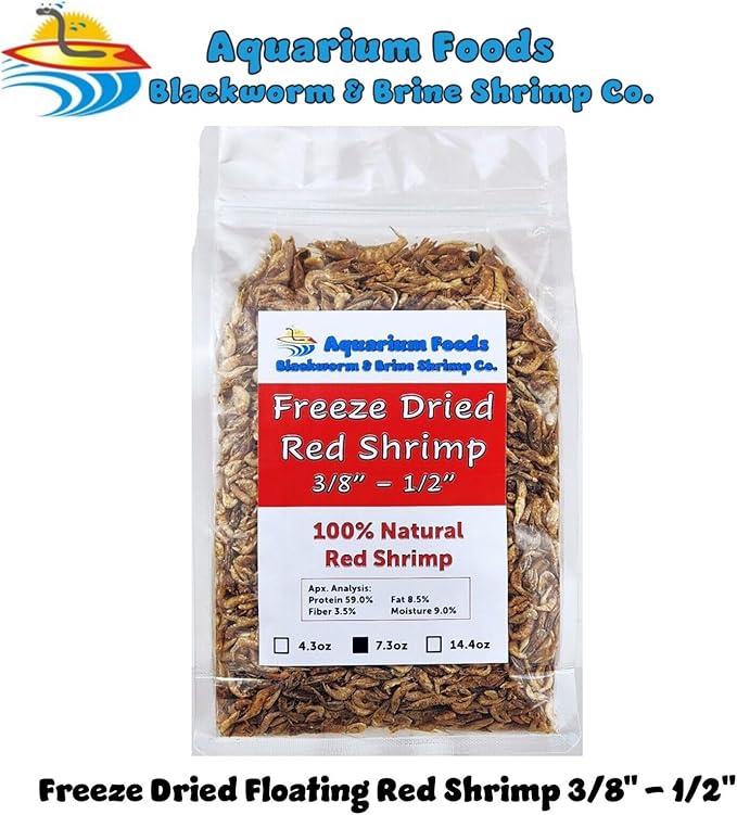 Aquatic Foods Inc. Red Shrimp, 3/8" to 1/2" Floating Freeze Dried Red Shrimp for All Tropical Fish, Cichlids, Medium Size Catfish, Marines, Pond Fish, Turtles, Hamsters, Reptiles…7.3oz Clear Bag