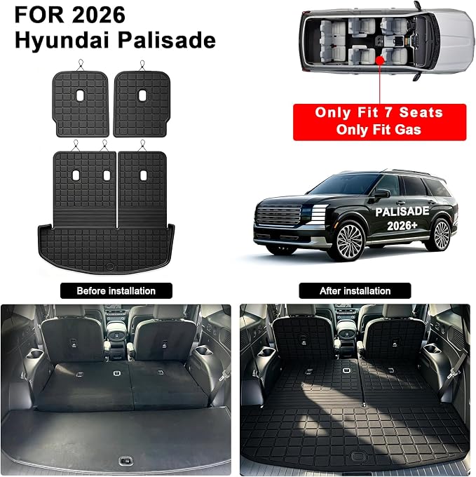 Floor Mats for 2026 Hyundai Palisade 7 Seats (Only Fit Gas) & Cargo Mat with Backrest Mat,TPE All Weather Protection Car Mats with 2nd & 3rd Row Covering The Backrest Full Set Accessories