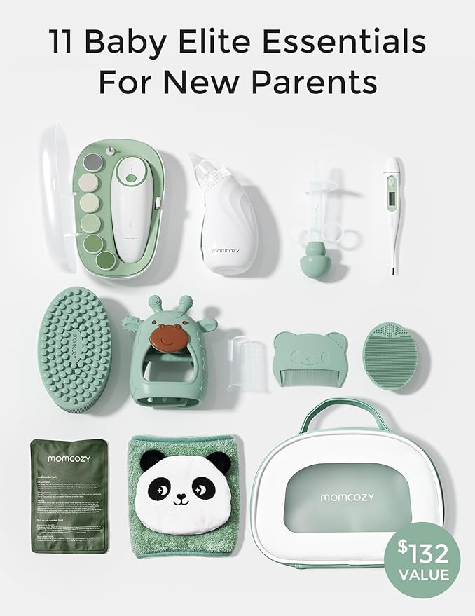 Momcozy Elite Baby Kit, Superior Baby Shower Gift & Registry Essential Kit | Grooming&Health&Cleansing Care Set,Electric Nail File & Nasal Aspirator,Tummy Wrap,Thermometer,Bath Brush,Teether,Storage Bag