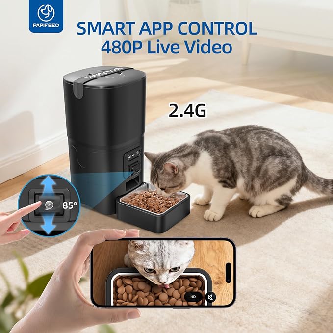 PAPIFEED Distributeur Automatique pour Chats 6L, Mangeoire Intelligente WiFi 2.4G avec Caméra et Audio Bidirectionnel, Angle Réglable, Nettoyage Facile, Programmation de 1 à 10 Repas Par Jour pour Chats et Petits Chiens - Noir