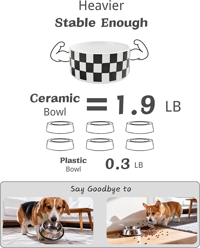 TRUVIC Ceramic Dog Bowl with Wood Stand, Black and White Checkered & Striped Dog Food and Water Bowl, 2 Cup/14 oz Elevated puppy food bowl for Medium Dogs, Dishwasher Safe, Modern Geometric, Checkered