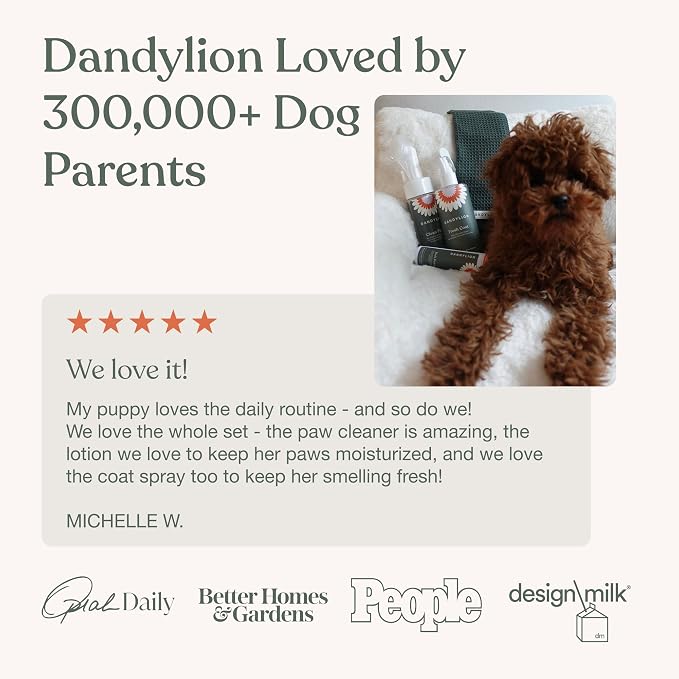 Dandylion Dog Grooming Kit, Paw Cleaner, Paw Balm & Waterless Dog Shampoo | No Rinse Dog Paw Washer, Brush On Paw Moisturizer, Dry Shampoo for Dogs, Fragrance Free, All Breeds and Coat, Sensitive Skin
