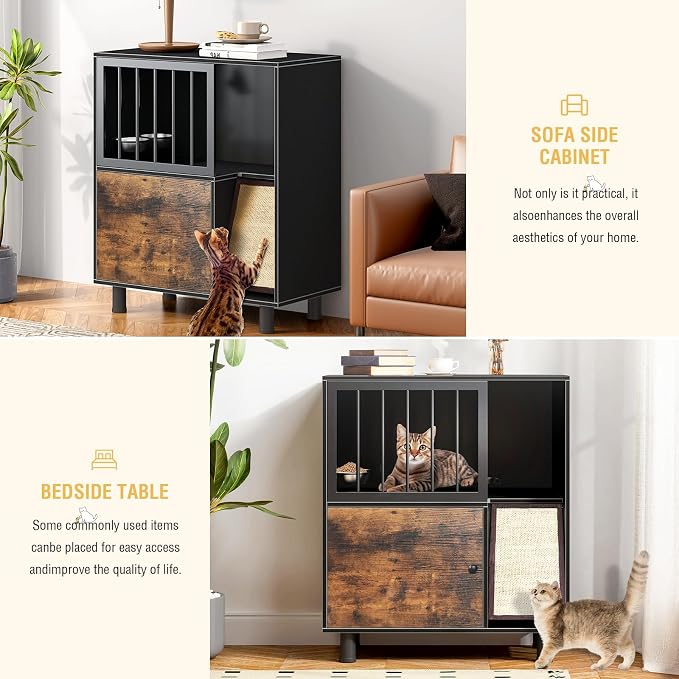 Dog Proof Cat Feeding Station, Cat Feeding Station, Pet Food Storage, Black | Raised Bowls for Indoor Cats, Elevated Food Bowls with Stand, Scratching Board, Stainless Steel Bowls