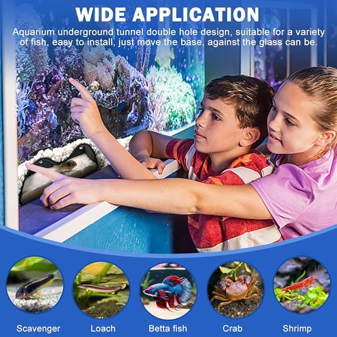 Aquarium Cave Hideout, 2-Hole Underground Tunnel for Fish Tank, Under Gravel Fish Hide for Corydoras, Pleco, Loach and Shrimp, Black
