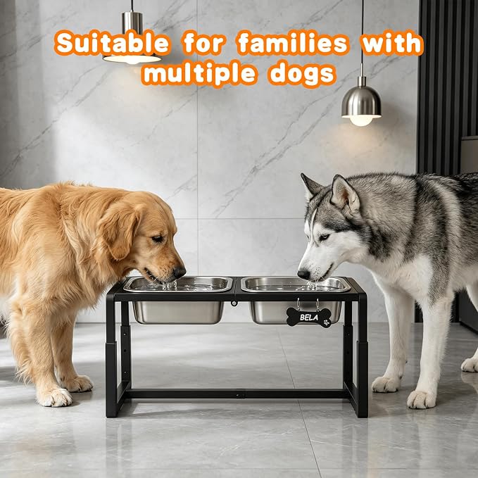 Metal Elevated Dog Bowls Medium/Large Breed with 2 Thick 1.2GAL Stainless Steel Raised Dog Bowl, Adjustable Height 3 Levels (8.8"-11.5"-14") Neck & Joint Protection