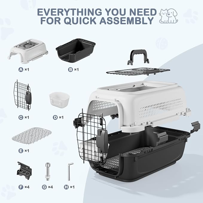 19.5" Hard-Sided Pet Carrier for Small Dogs & Cats, Plastic Cat Carriers | Front & Top Door Access, Ventilation Design, Feeding Bowl Included, for Camping & Trips, for Small Pets up to 20 lbs, Gray
