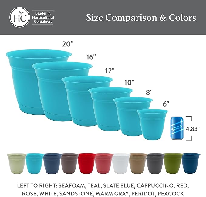 The HC Companies 16 Inch Eclipse Round Planter Pots with Drainage Holes & Attached Saucer, Lightweight UV-Resistant Plastic Indoor & Outdoor Planters, 2-Pack Flower Pots, Garden Home Decor, Warm Gray